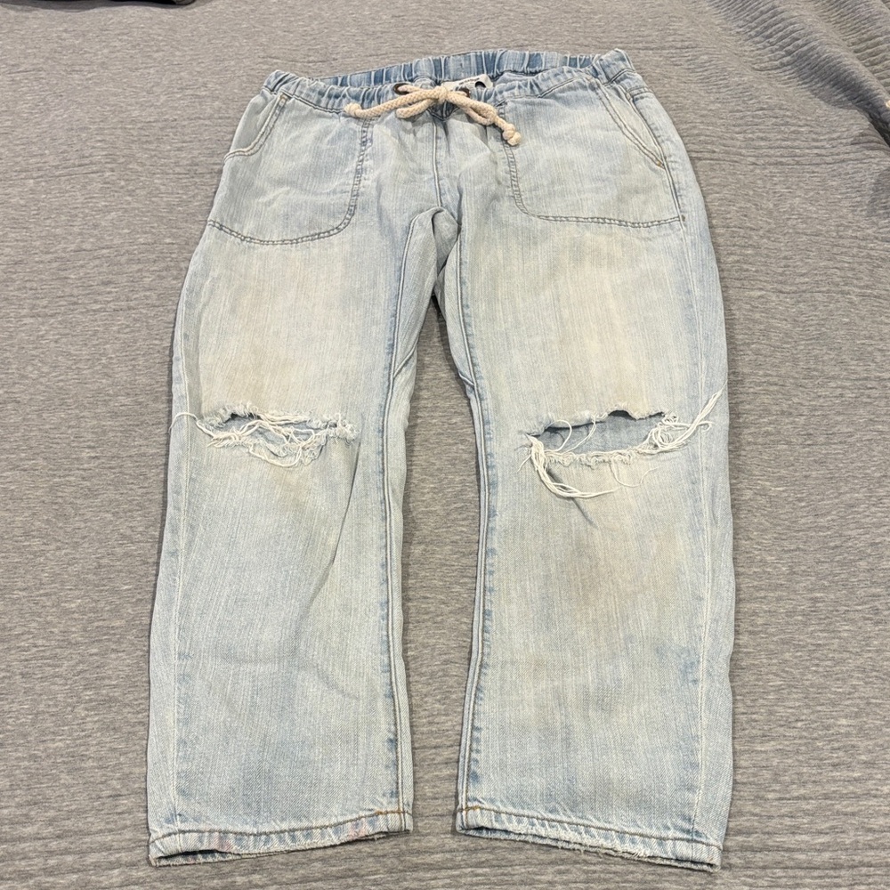 Light Blue Distressed Drawstring Denim Pants - image 2